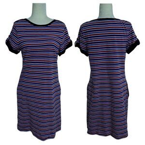 Lands' End Women's Nautical Striped Cap Sleeve Shirt Dress Blue Multi Vacation M